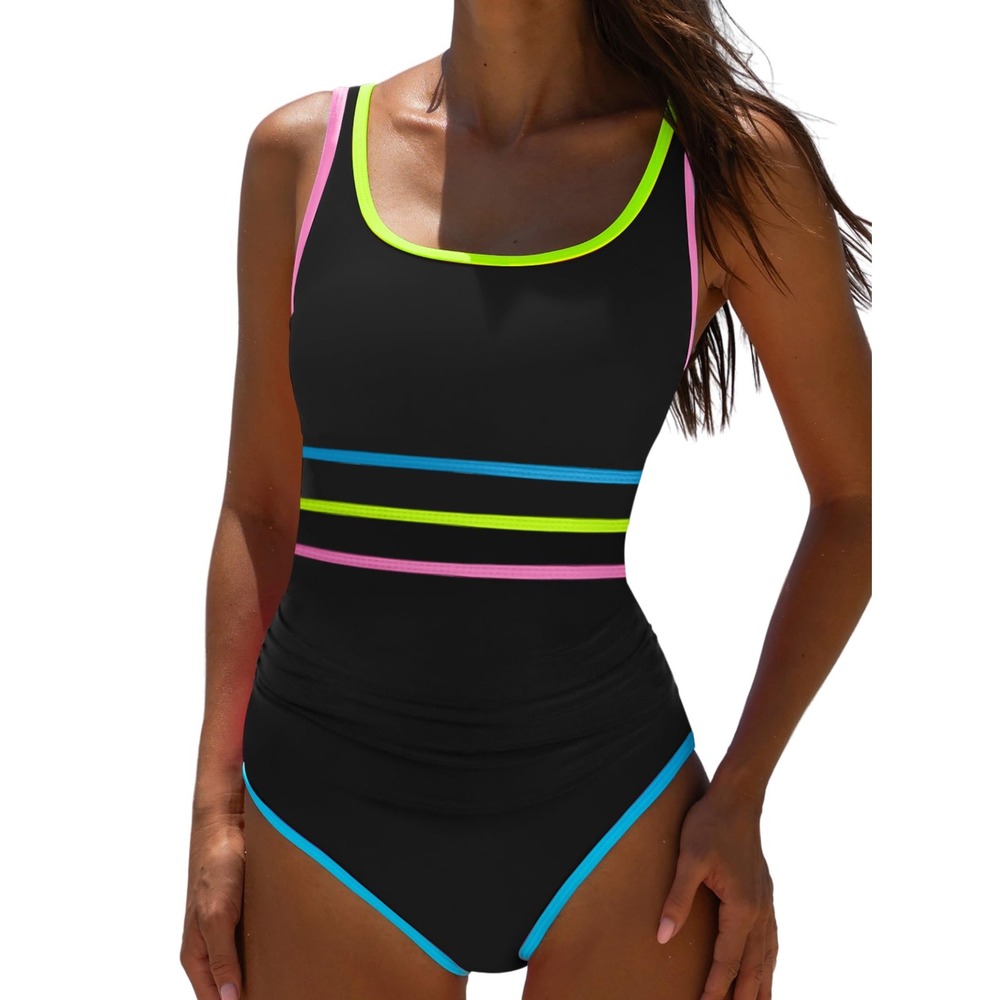 NWT Popvil Neon Stripe Tummy Control One Piece Swimsuit Medium